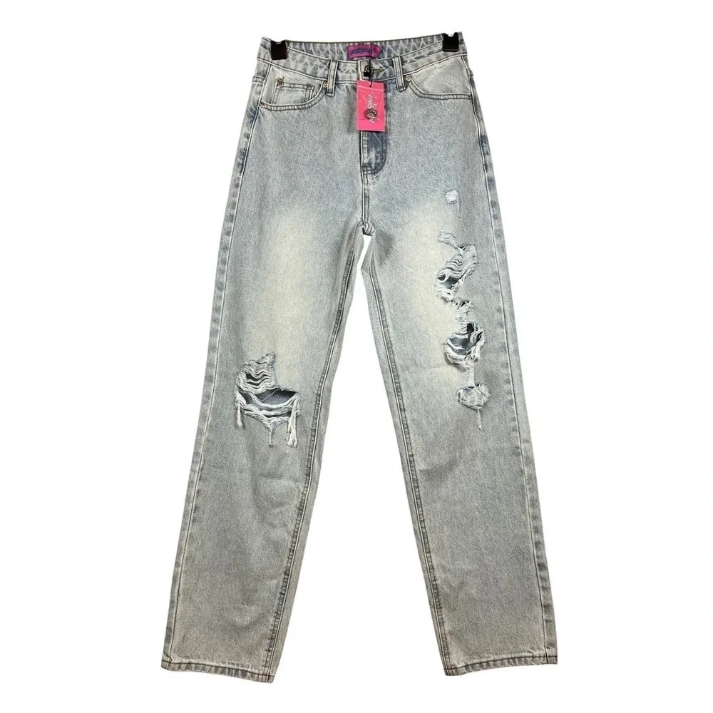 NWT Edikted High Waisted Boyfriend Jeans, Distressed Light Wash, Size XS - Picture 4 of 11